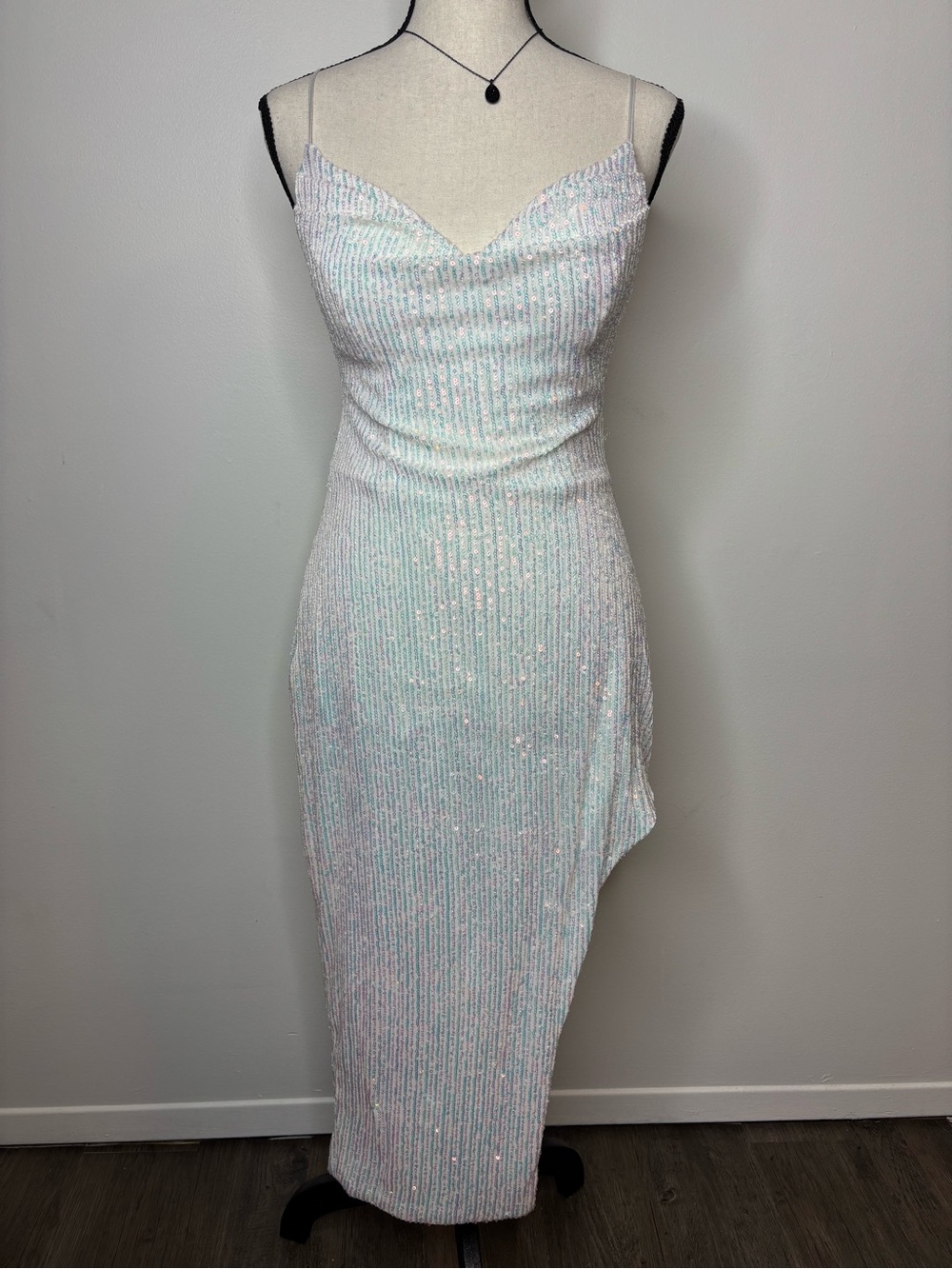 B Darlin Iridescent Sequin Gown in White with Pastel Sheen
